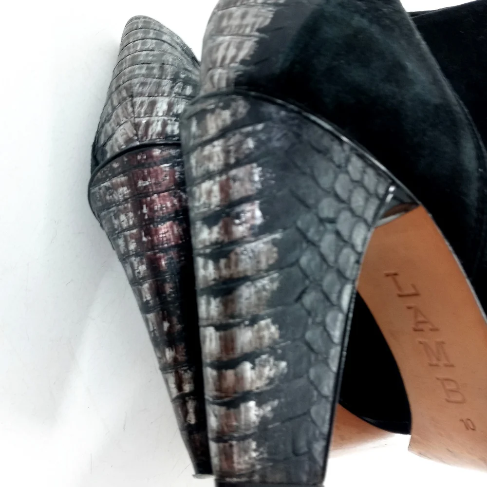 L.A.M.B. Gwen Stefani Black Suede Snake‎ Heel Ankle Boots